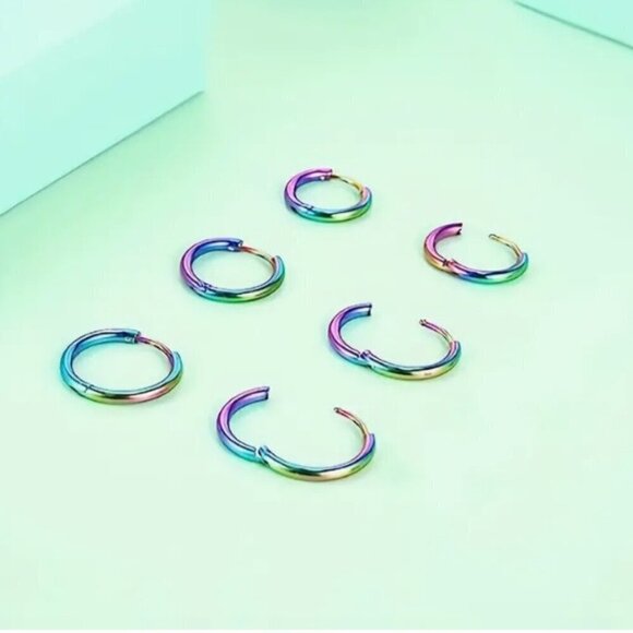 Ombre Rainbow Holographic Hoop Earrings Stainless Steel 3 Pairs - Picture 4 of 4